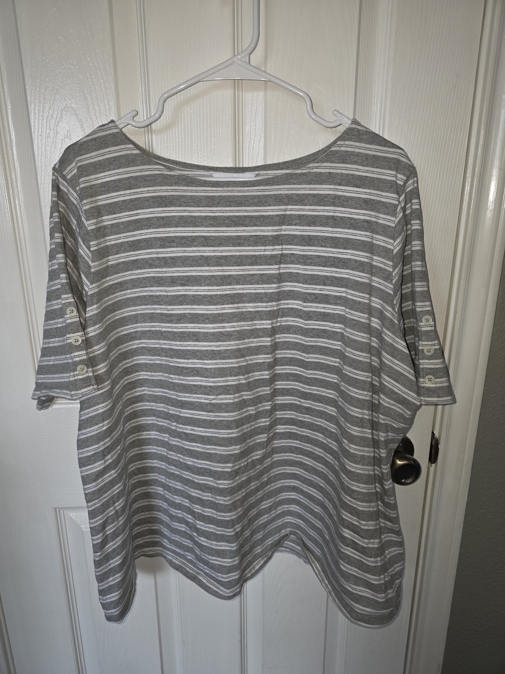 Liz Claiborne Gray and White Striped Boatneck Short Sleeve Top